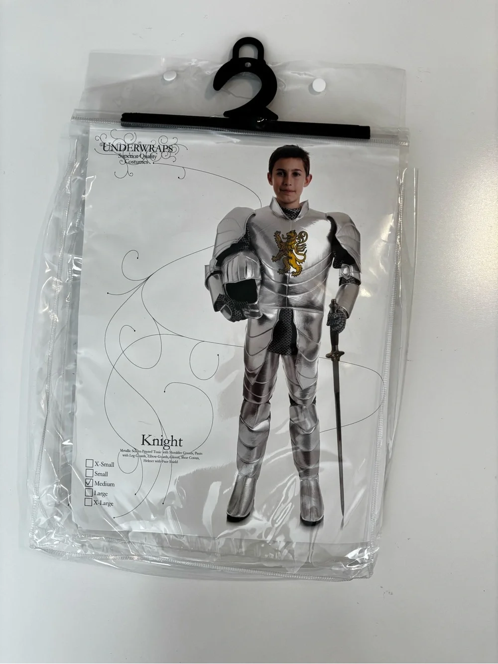 Silver Knight Kids Costume - Silver with Gold Emblem, Medium